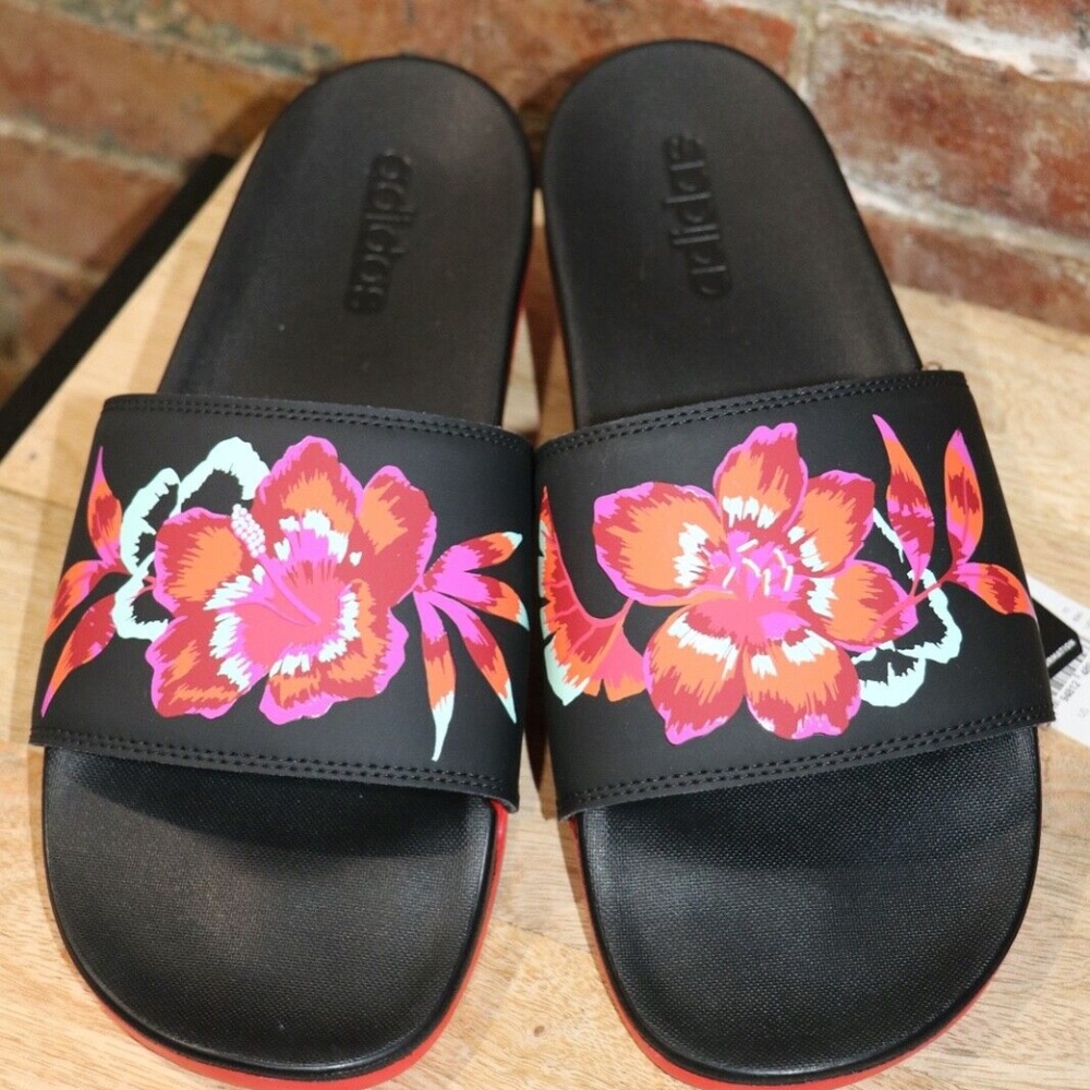NEW! Adidas Adiletter 'Black Floral' Comfort Slides Sandals Women's Size 11